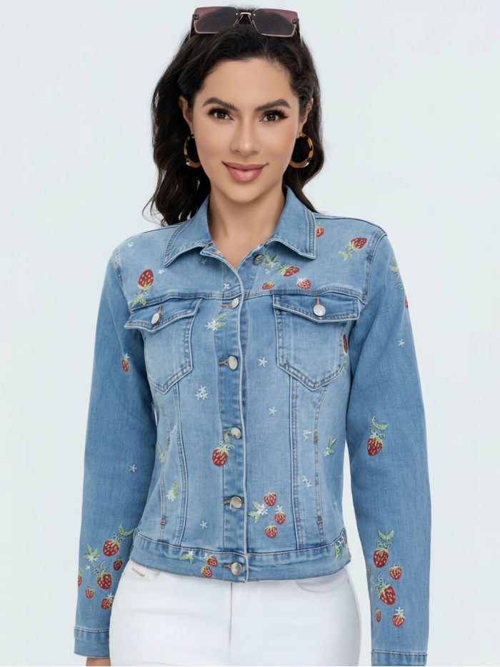 Denim jacket with strawberry embroidery