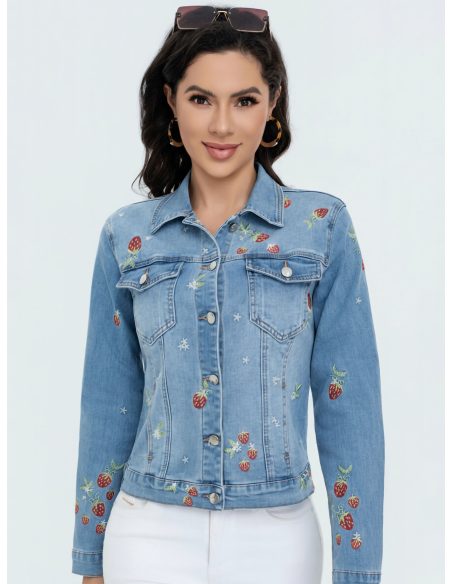 Denim jacket with strawberry embroidery