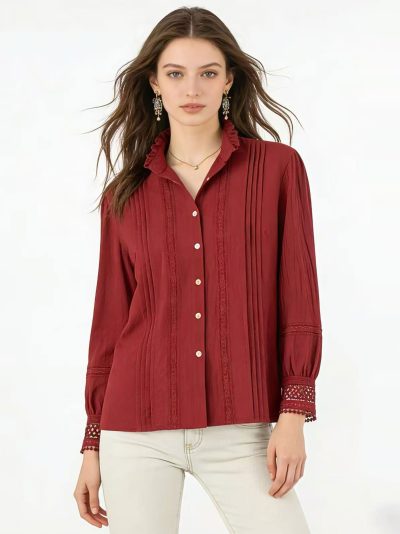 Blusa algodón encaje y cuello fruncido