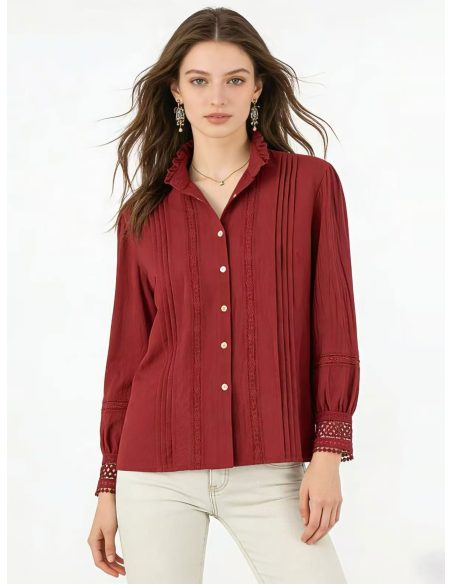 Blusa in cotone con pizzo e scollo arricciato