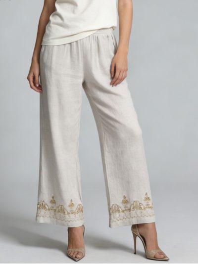 Pantalón lino bordado en el bajo