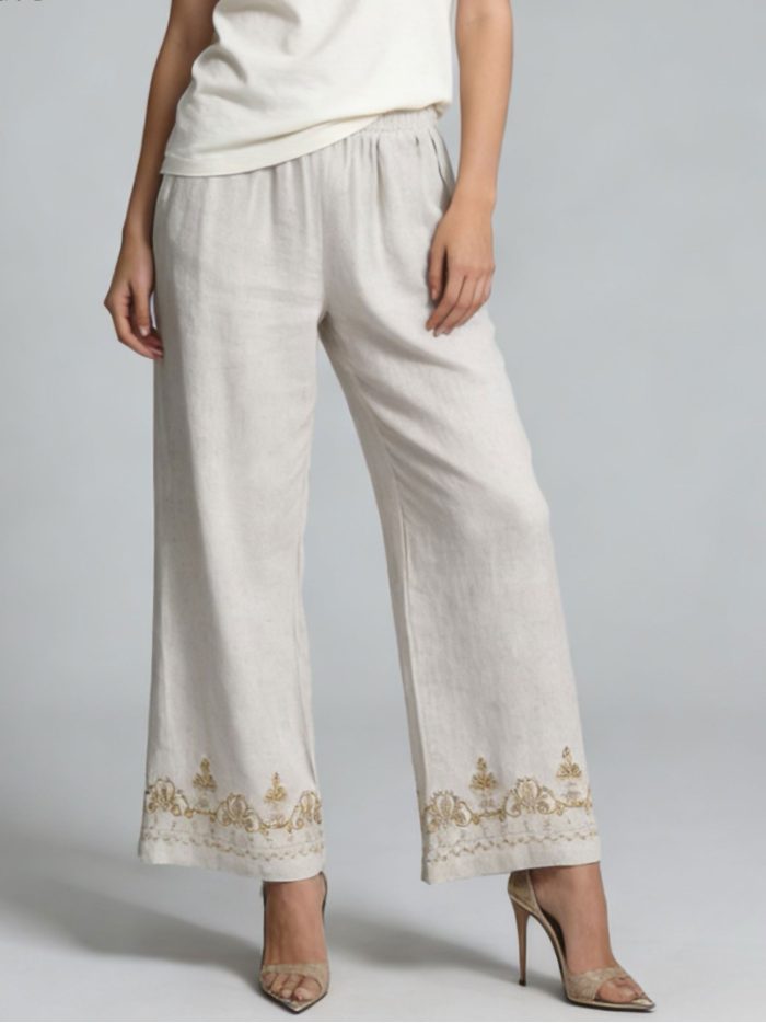 Pantalón lino bordado en el bajo