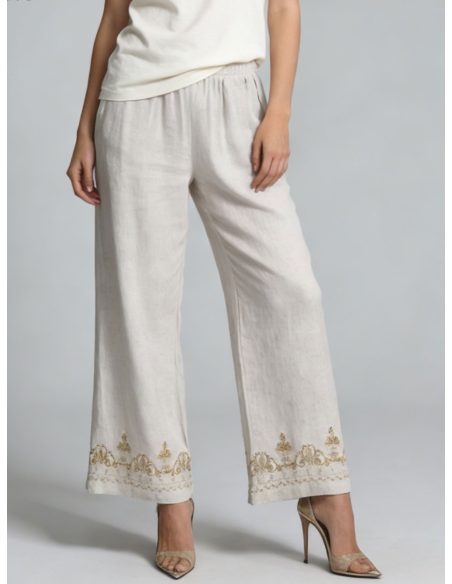 Pantalón lino bordado en el bajo