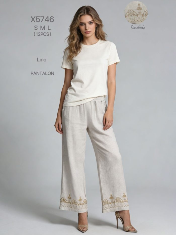 Pantalón lino bordado en el bajo