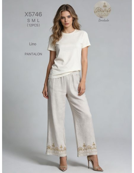 Pantalón lino bordado en el bajo