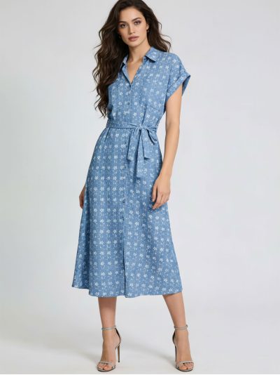 Vestido camisero lino estampado cinturón