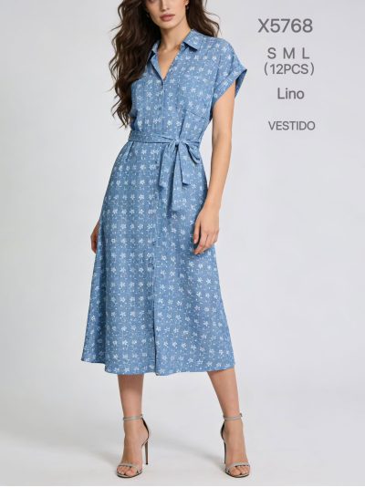 Vestido camisero lino estampado cinturón 2