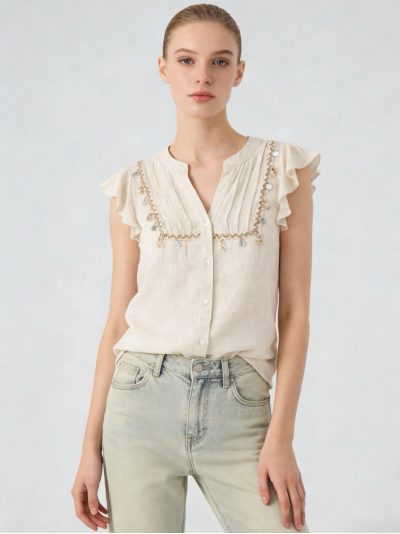 Blusa lino volantes y detalle decorativo