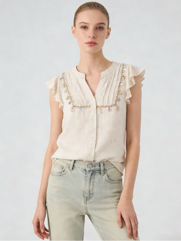 Blusa lino volantes y detalle decorativo