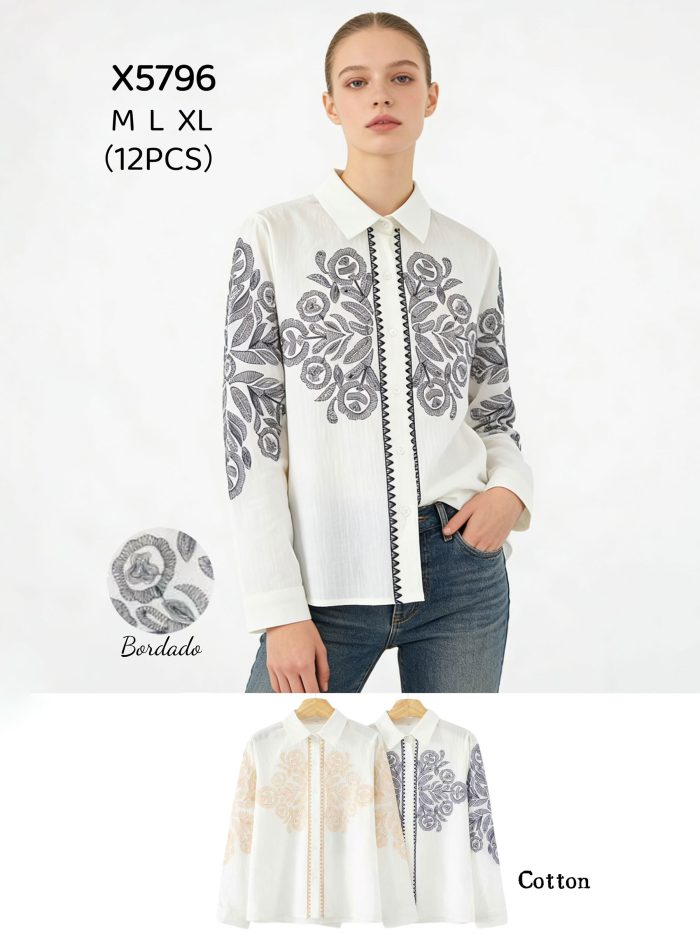 Camisa algodón bordada contraste