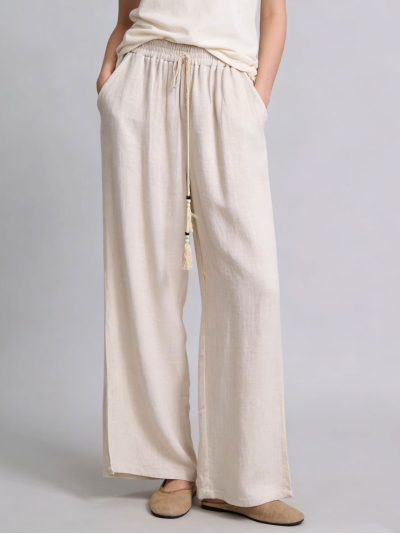 Pantalón wide leg lino cordón y borlas