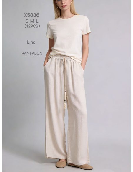 Pantaloni larghi in lino con coulisse e nappe