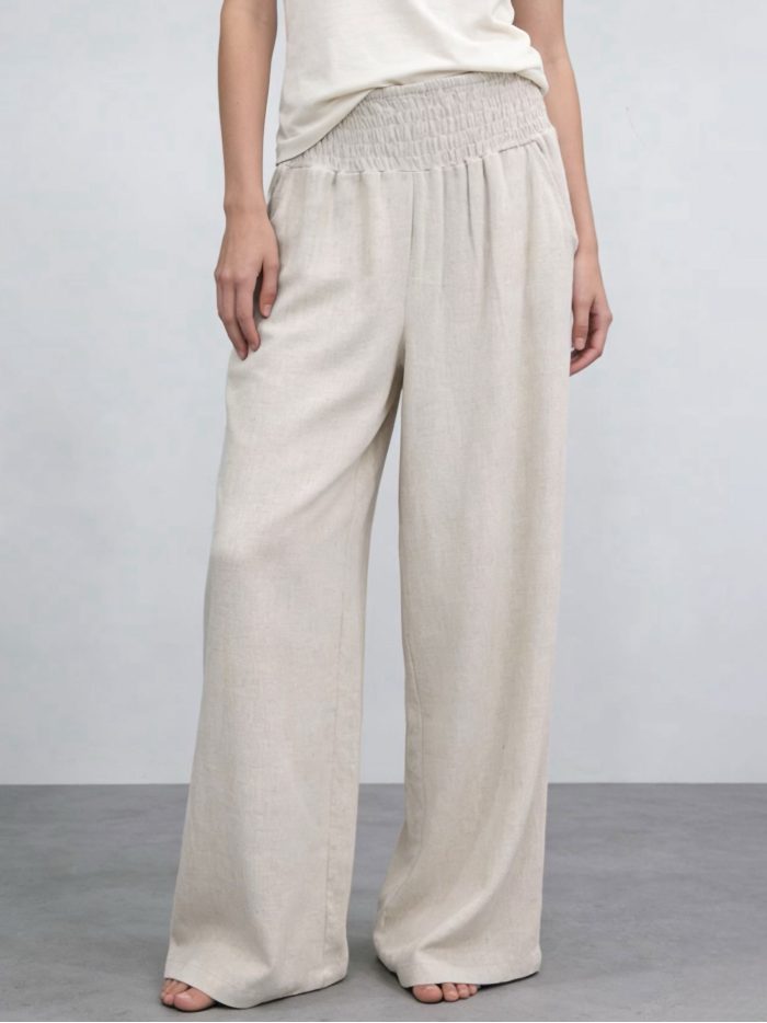 Pantalón wide leg lino cintura fruncida