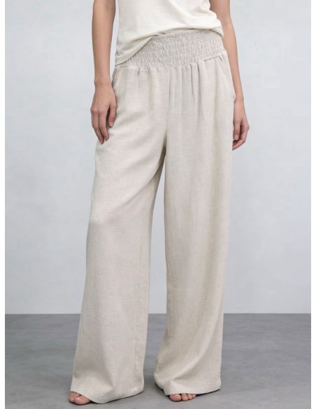 Pantalón wide leg lino cintura fruncida