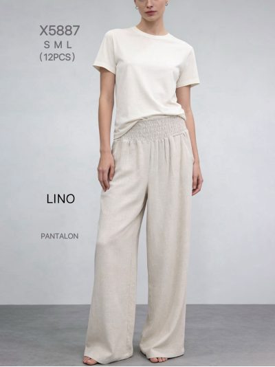 Pantalón wide leg lino cintura fruncida 2