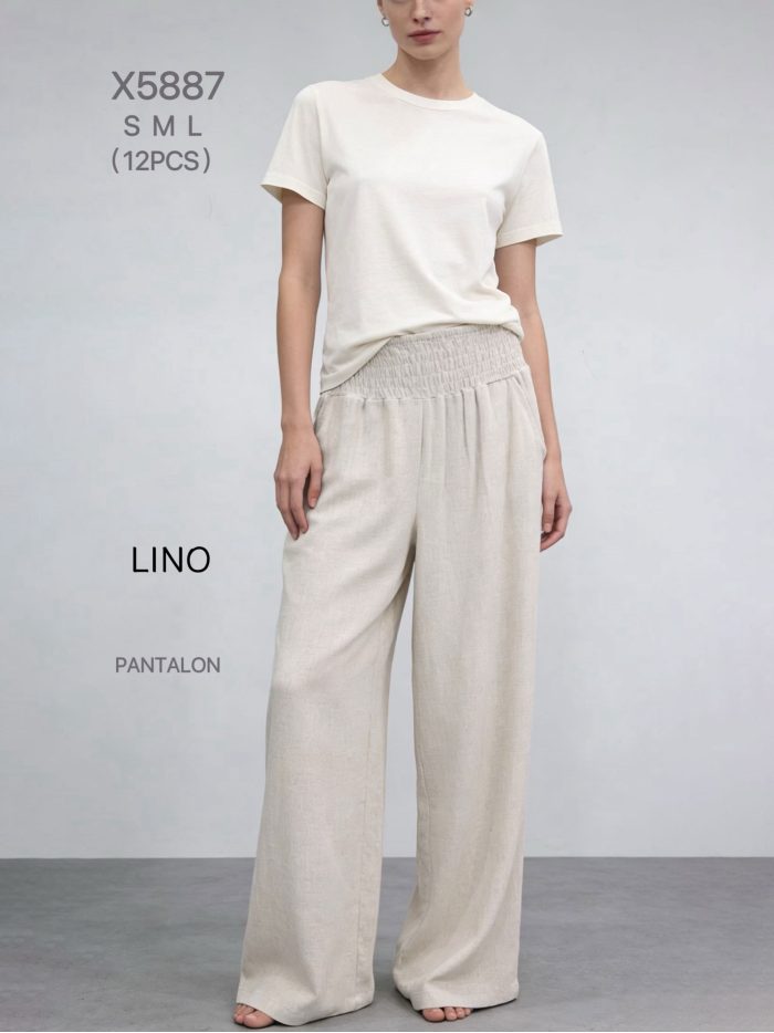 Pantalón wide leg lino cintura fruncida
