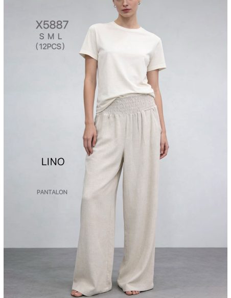 Pantalón wide leg lino cintura fruncida