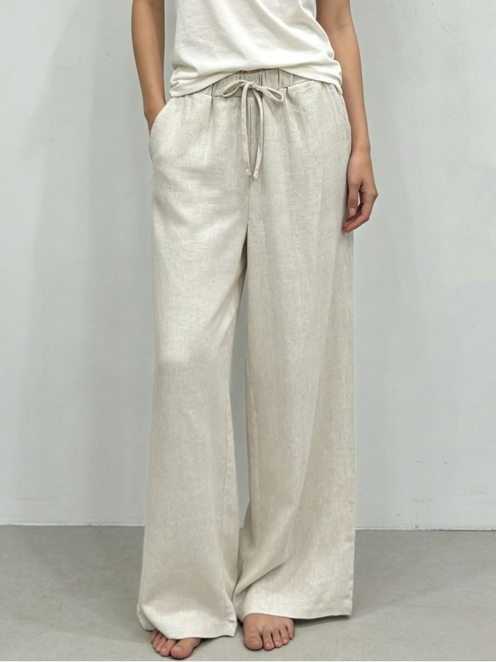 Pantalón wide leg lino cordón y bolsillos