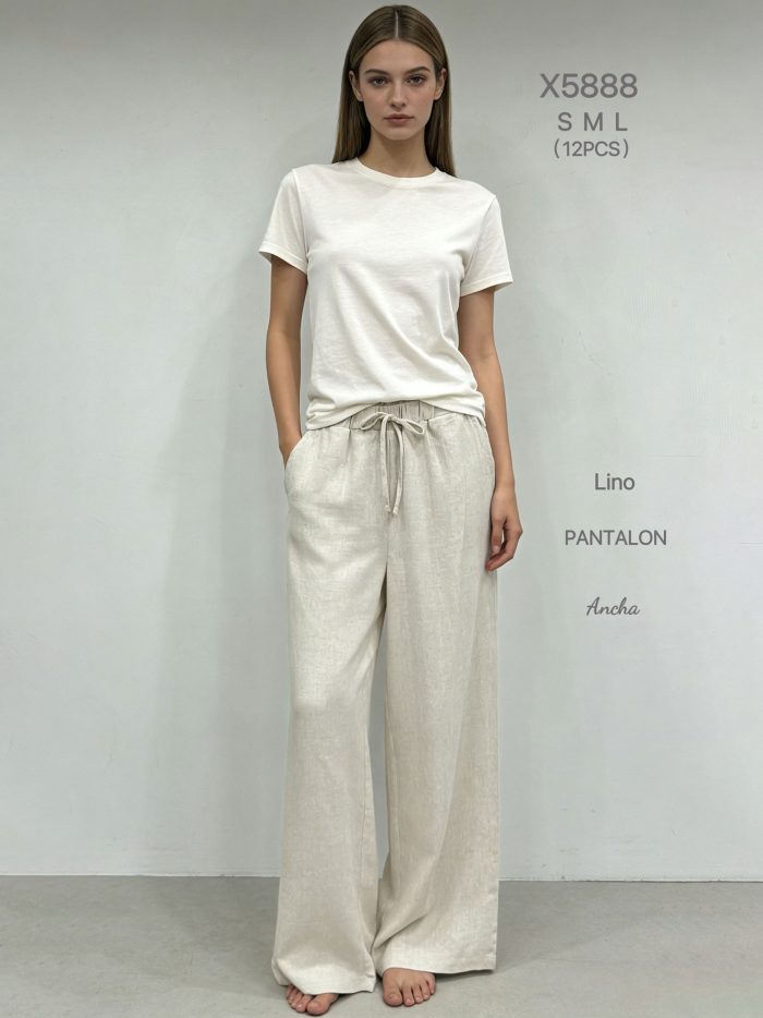 Pantalón wide leg lino cordón y bolsillos