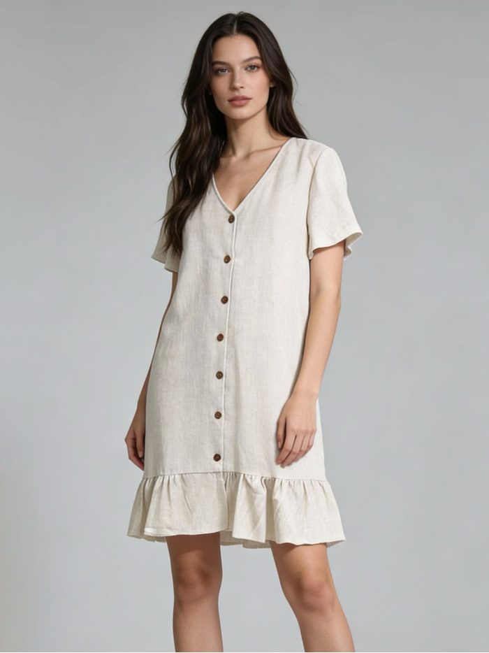 Short linen dress with buttons and ruffle hem