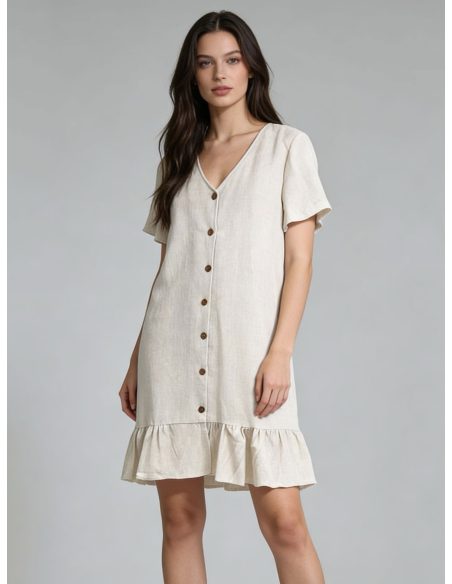 Short linen dress with buttons and ruffle hem