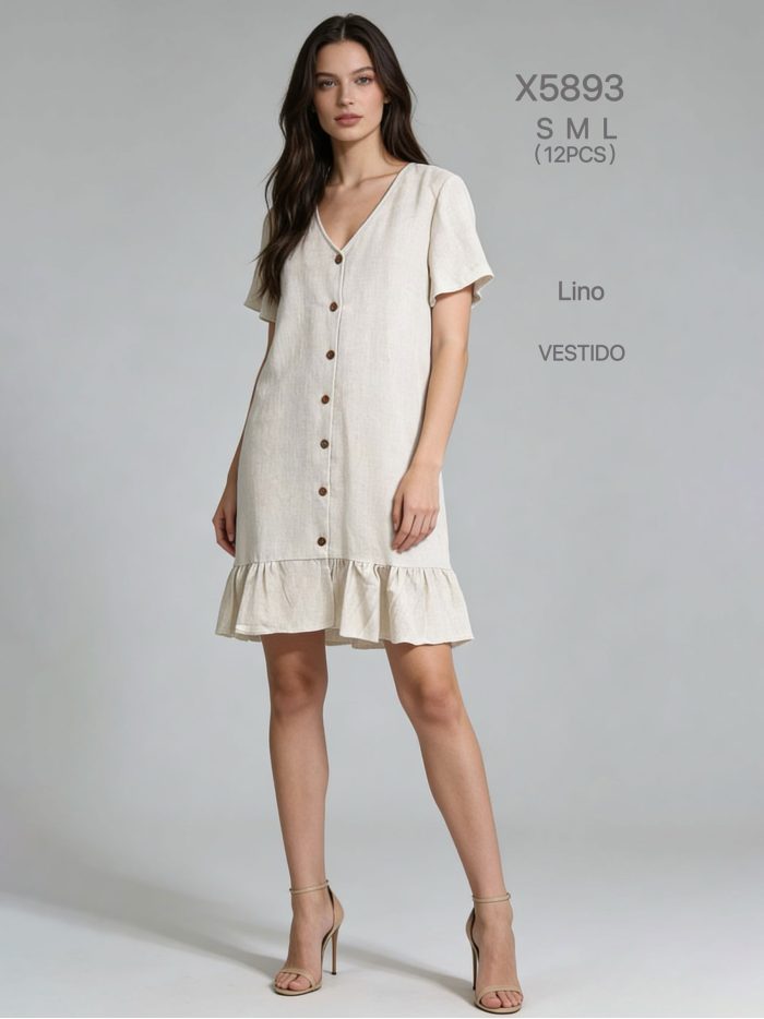 Short linen dress with buttons and ruffle hem