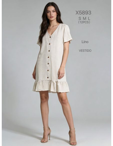 Short linen dress with buttons and ruffle hem