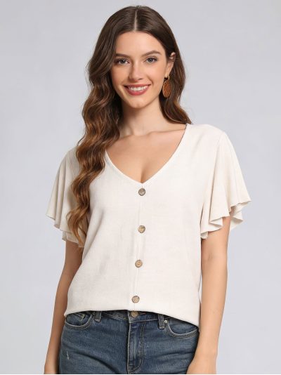 Blusa in lino con scollo a V e maniche a balze