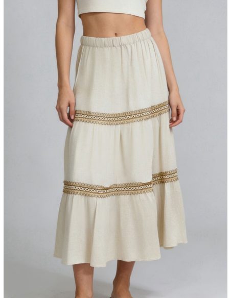 Falda midi lino volantes y pasamanería