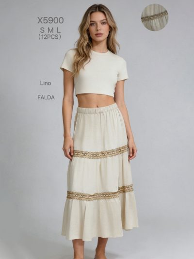 Falda midi lino volantes y pasamanería 2