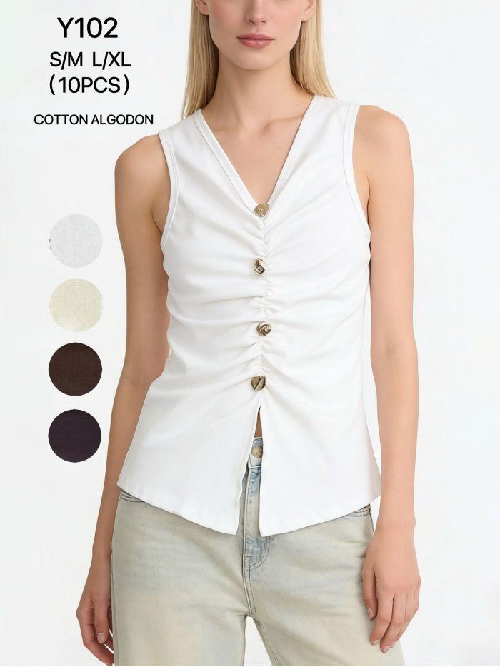 Top in cotone con arricciature e bottoni decorativi