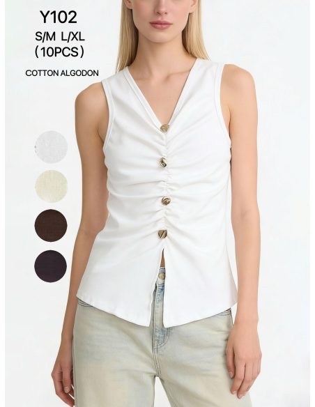 Top in cotone con arricciature e bottoni decorativi