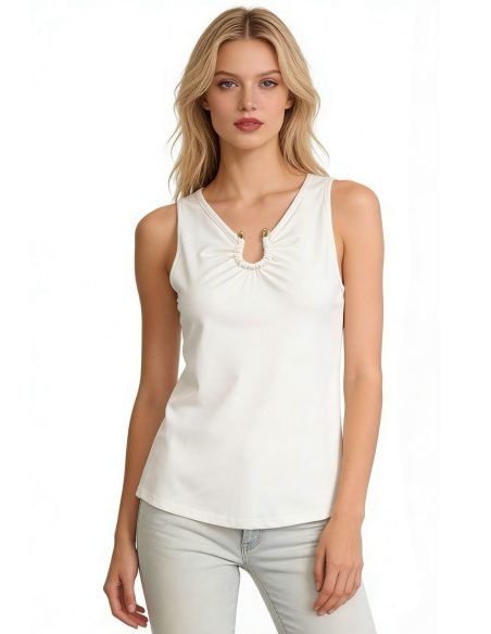 Top algodón sin mangas frunce en escote