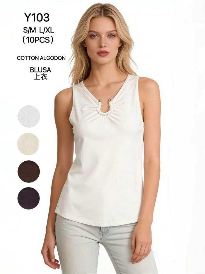 Top algodón sin mangas frunce en escote