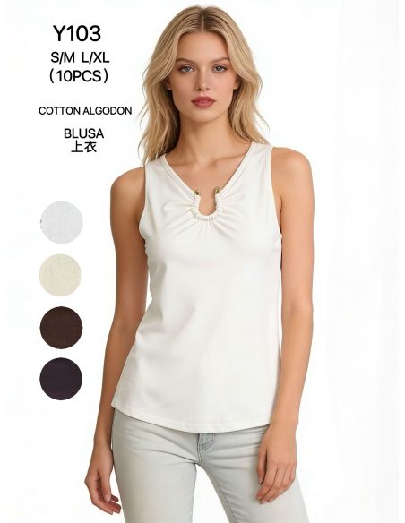 Top algodón sin mangas frunce en escote