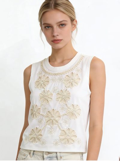 Camiseta sin mangas algodón bordado flores