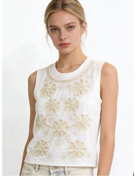 Camiseta sin mangas algodón bordado flores