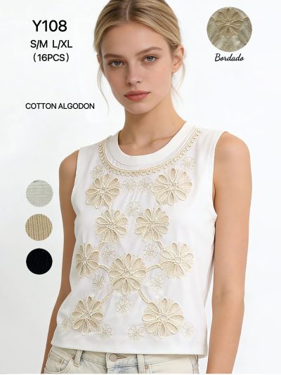 Camiseta sin mangas algodón bordado flores 2