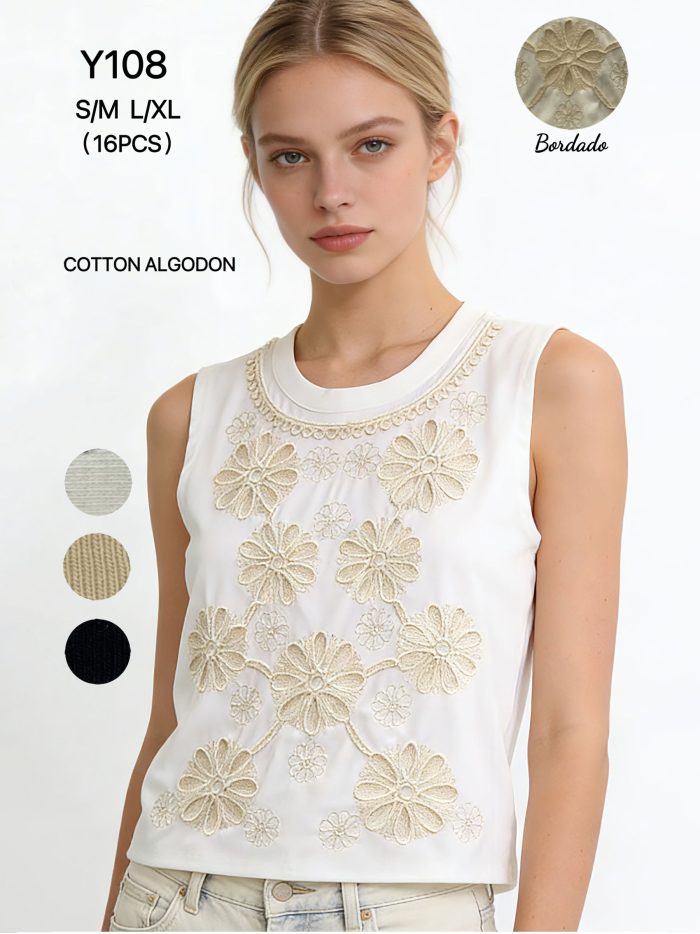 Camiseta sin mangas algodón bordado flores