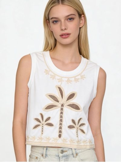 Camiseta cropped algodón bordado palmeras