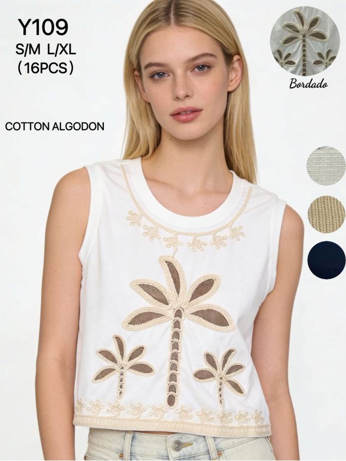 Camiseta cropped algodón bordado palmeras