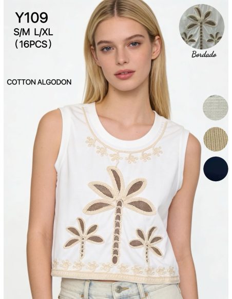Camiseta cropped algodón bordado palmeras