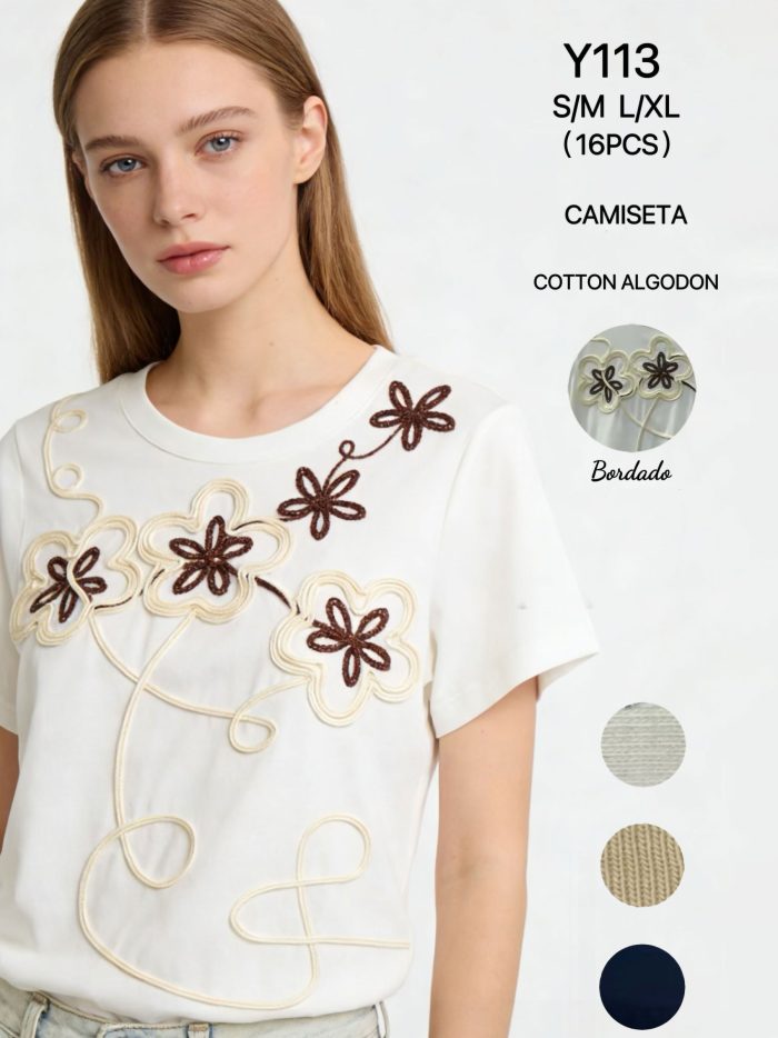 Camiseta algodón bordado floral bicolor