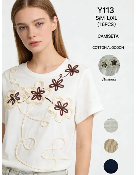 Camiseta algodón bordado floral bicolor