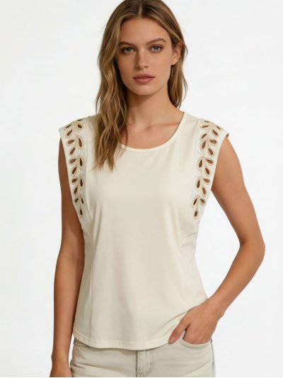 Camiseta sin mangas algodón bordado calado en hombros