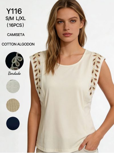 Camiseta sin mangas algodón bordado calado en hombros 2