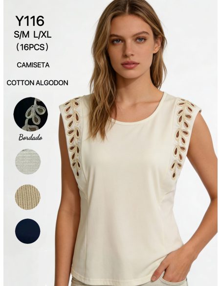 Ärmelloses Baumwoll-T-Shirt mit durchbrochener Stickerei an den Schultern