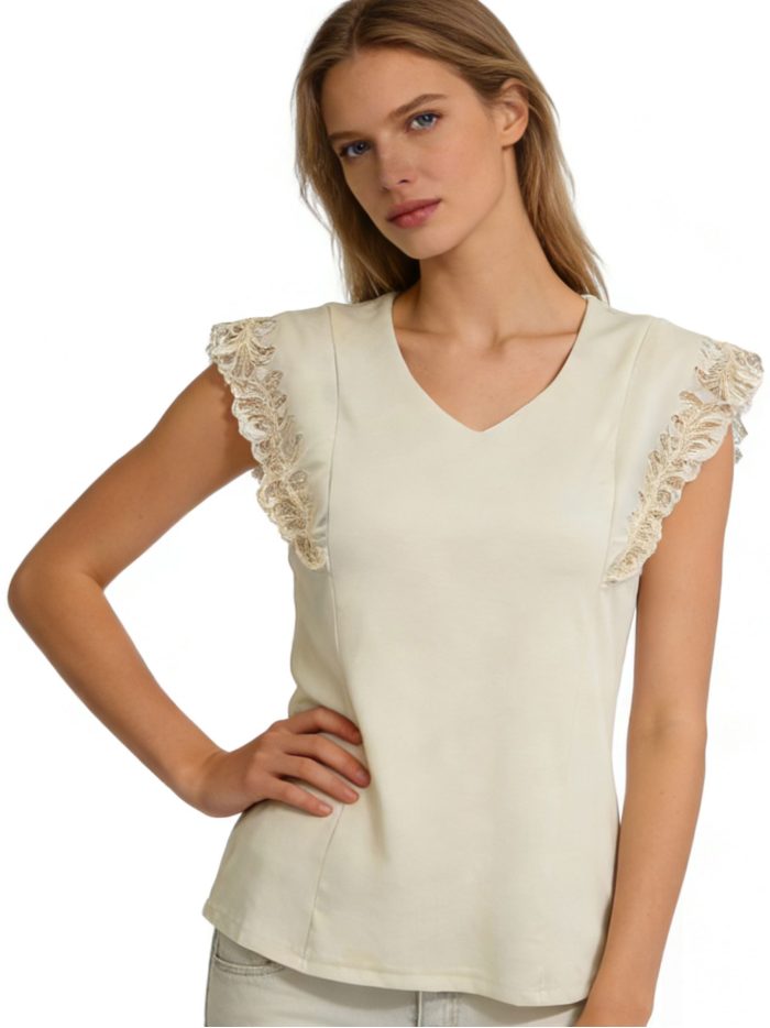 Baumwoll-T-Shirt mit V-Ausschnitt und bestickter Spitze