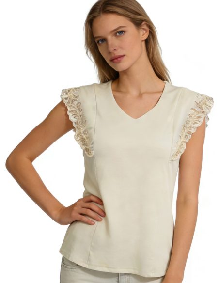 Baumwoll-T-Shirt mit V-Ausschnitt und bestickter Spitze