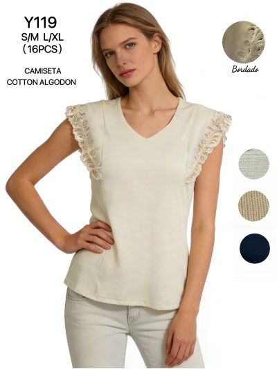 Camiseta algodón escote en v y encaje bordado 2